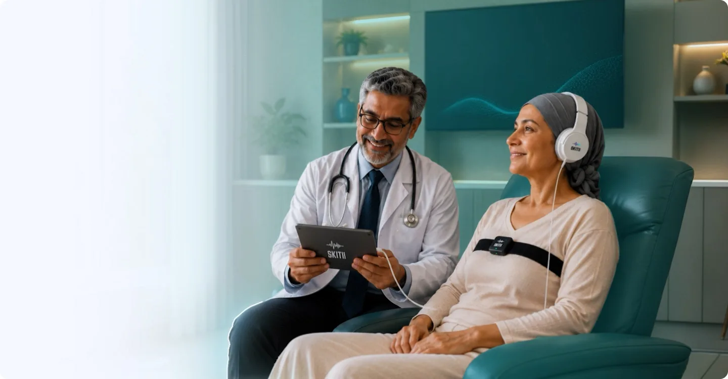 Skitii AI healthcare hero consultation Skitii healthcare platform showing a doctor consulting a cancer patient with AI medical monitoring technology