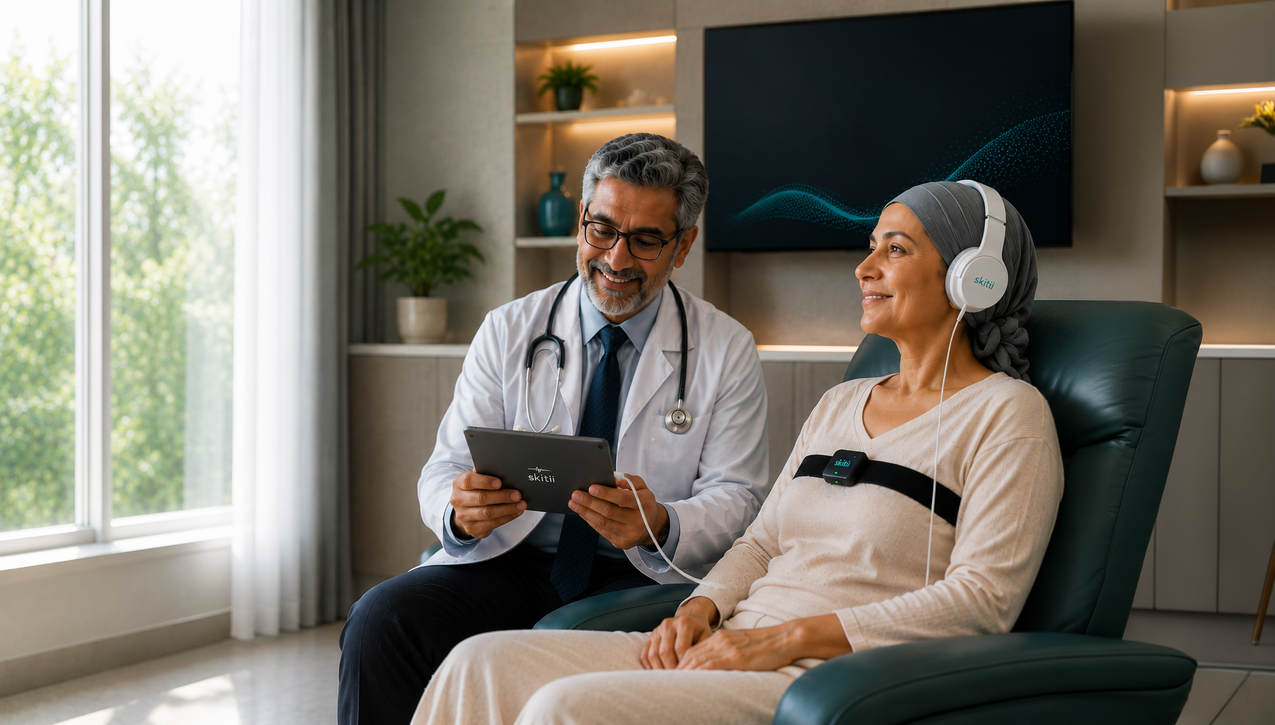 Skitii healthcare platform showing a doctor consulting a cancer patient with AI medical monitoring technology